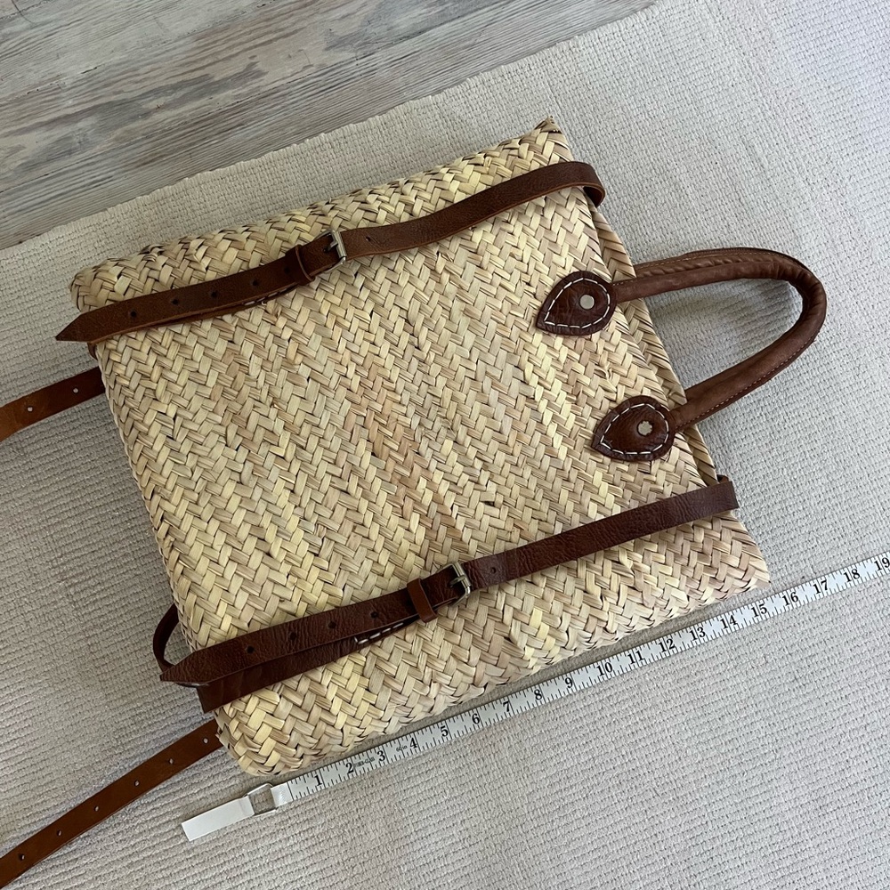 Woven Straw Backpack Tote with Brown Leather Straps - Picture 8 of 11